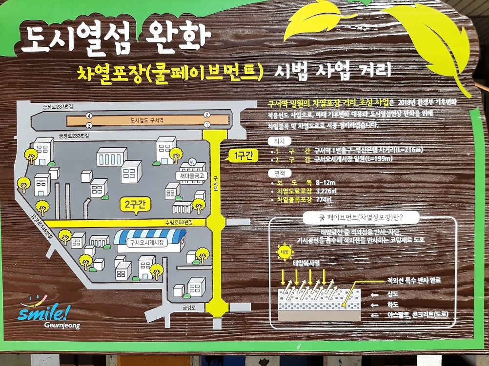 도시열섬 완화 차열포장(쿨페이브먼트) 시범 사업 거리 간판