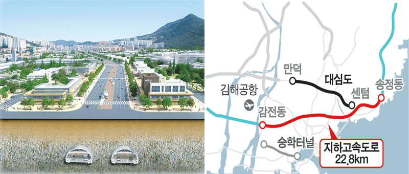김해신공항과 해운대를 잇는 지하고속도로 건설이 추진되고 있다(그림은 김해신공항 지하고속도로 구상도와 위치도).