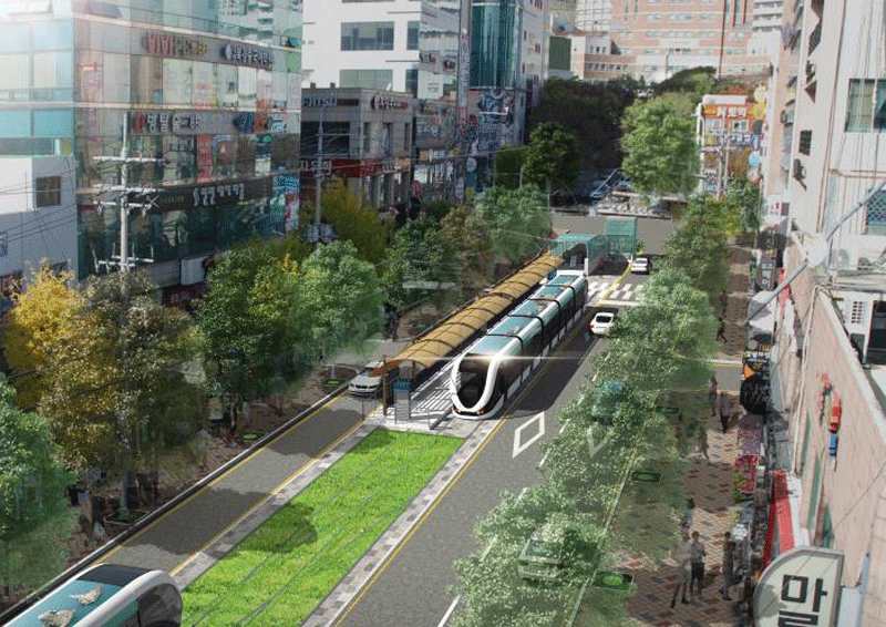 부산 남구 경성대~이기대 구간에 국내 처음으로 무가선 저상트램 운행이 추진된다(그림은 부산시가 최근 국토교통부에 신청한 무가선 저상트램 실증노선 조감도).