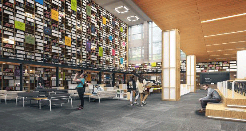 부산시청 1층 로비가 공공도서관을 갖춘 복합문화공간으로 탈바꿈한다(그림은 2020년까지 부산시청 1층에 들어설 장서 3만 권 규모의 꿈＋도서관 투시도).