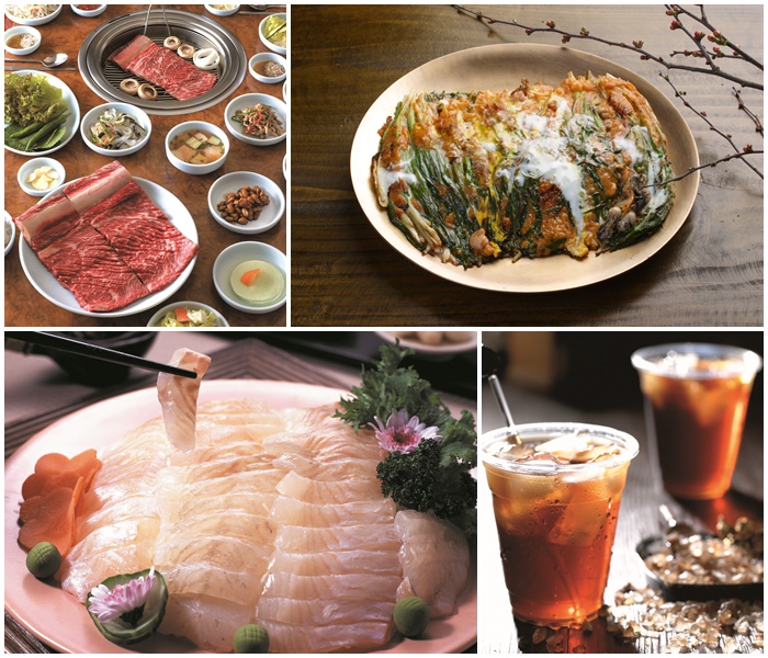 부산 가을 축제에서 즐길 수 있는 다양한 음식. 위에서부터 불고기, 동래파전, 생선회, 커피.
