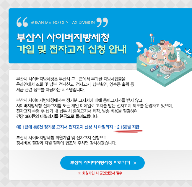 부산시 사이버지방세청 가입 및 전자고지 신청안내 부산시 사이버지방세청은 부산시구군에서 부과한 지방세입금을 온라인에서 조회 및 납부, 전자신고, 전자고지, 납부확인, 영수증 출력등 세금 관련 정보를 제공하는 시스템입니다. 부산시 사이버지방세청에서는 정기분 고지서에 대해 종이고지서를 받지 않고 사이버지방세청 전자고지함 또는 개인 이메일로 고지를 받는 전자고지 제도를 운영하고 있으며, 전자고지 수령 후 납기 내 납부 시 종이고지서 제작, 발송 비용을 절감하여 건당 360원의 마일리지를 현금으로 돌려드립니다. 예) 1년에 총6건 정기분 고지서 전자고지 신청 시 마일리지 : 2,160원 지급 부산시 사이버지방세청 회원가입 및 전자고지 신청으로 징세비용 절감과 자원 절약에 협조해 주시면 감사하게씁니다. 부산시 사이버지방세청 바로가기 회원가입 시 공인인증서 필수