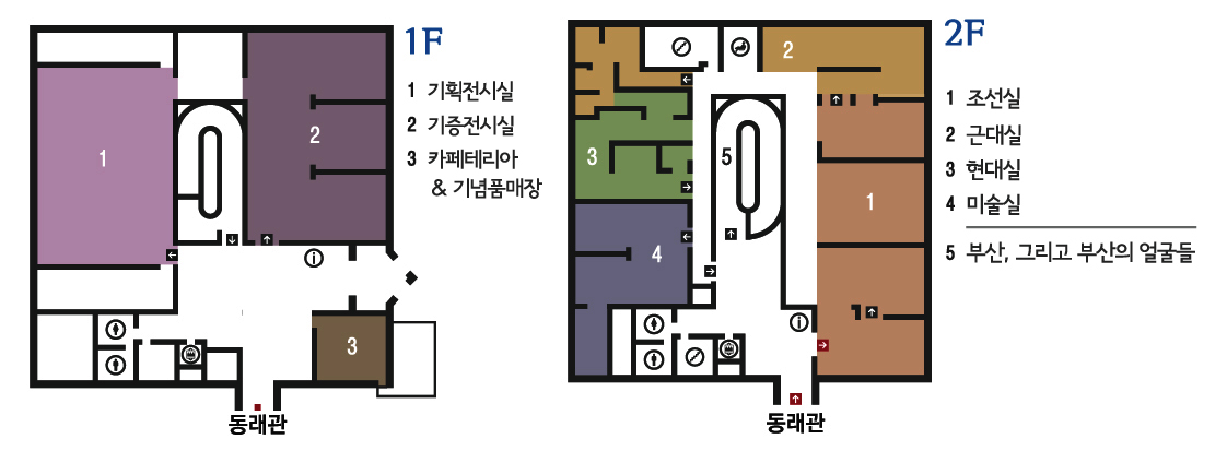 1층-기획전시실, 기증전시실, 카페테리아&기념품매장 2층 - 조선실, 근대실, 현대실, 미술실, 부산 그리고 부산의 얼굴들