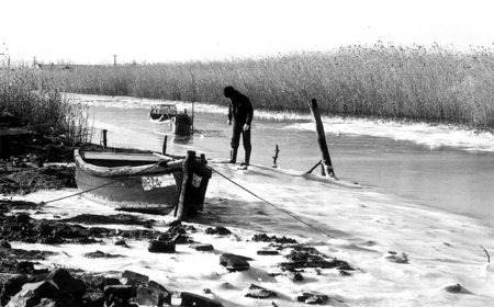 얼어붙은 낙동강 (1978, 갈대밭의 수로가 얼어붙어 재첩잡이 뱃길이 묶여있는 모습)