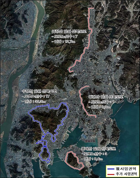 금정산 일원 산복도로 도로노선수:7, 연장:12.7㎞. 수정산 일원 산복도로 도로노선수:17, 연장:35.3㎞. 황령산 일원 산복도로 도로노선수:1, 연장:6.3㎞. 봉래산 일원 산복도로 도로노선수:3, 연장:8.4㎞
