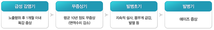 급성감염기 : 노출행위 후 1개월 이내 독감증상 > 무증상기 : 평균 10년정도 무증상(면역수치감소) > 발병초기 : 지속적 설사, 몸무게 급감, 발열등 > 발병기 : 에이즈증상