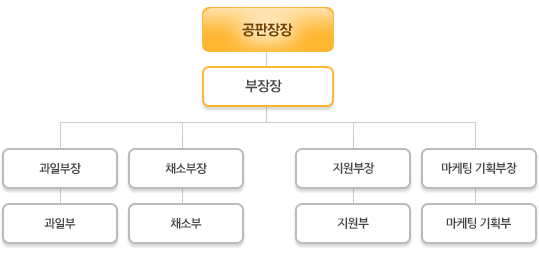농협반여공판장의 조직도 이미지 : 공판장장-부장장-(과일부장,과일부),(채소부장,채소부),(지원부장,지원부),(마케팅 기획부장,마케팅 기획부)