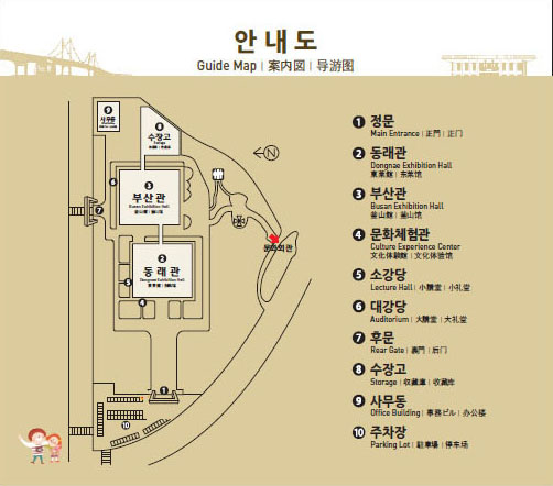 안내도 - 1.정문, 2.동래관, 3.부산관, 4.문화체험관, 5.소강당, 6.대강당, 7.후문, 8.수장고, 9.사무동, 10.주차장