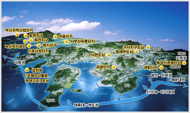 부산 전경 - 부산과학산업단지, 송정지구, 화전지구, 녹산국가공단, 명지지구, 신호사업단지, 미옴지구, 서부산유통단지, 감천항(국제수산물류, 무역기지)조성, 서면도심, 금융단지. 동래부도심, 구서지구도심, 동부산관광단지, 센텀시티