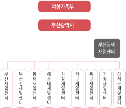 부산광역새일센터 사업 추진체계도는 여성가족부 산하 부산광역시, 부산광역새일센터와 부산새일센터,부산진새일센터,동래새일센터,해운대새일센터,사상새일센터,서구새일센터,동구새일센터, 기장새일센터, 강서구새일센터가 있다