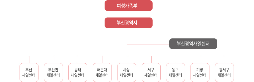 부산광역새일센터 사업 추진체계도는 여성가족부 산하 부산광역시, 부산광역새일센터와 부산새일센터,부산진새일센터,동래새일센터,해운대새일센터,사상새일센터,서구새일센터,동구새일센터, 기장새일센터, 강서구새일센터가 있다