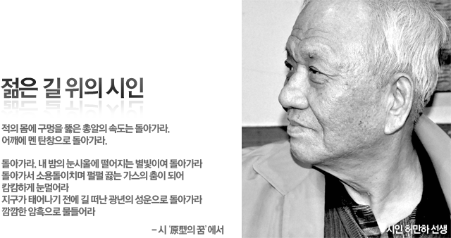 젊은 길 위의 시인 -허만하
적의 몸에 구멍을 뚫은 총알의 속도는 돌아가라.
어깨에 멘 탄창으로 돌아가라.
돌아가라. 내 밤의 눈시울에 떨어지는 별빛이여 돌아가라
돌아가서 소용돌이치며 펄펄 끓는 가스의 춤이 되어
캄캄하게 눈멀어라
지구가 태어나기 전에 길 떠난 광년의 성운으로 돌아가라
깜깜한 암흑으로 물들어라
- 시 ‘原型의 꿈’에서