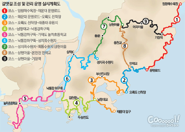 오륙도 선착장 인근 갈맷길 9개 코스가 모두 연결된 갈맷길 지도 이미지