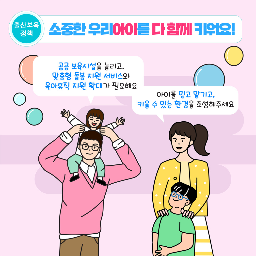 출산보육 정책 소중한 우리아이를 다 함께 키워요! 공공 보육시설을 늘리고, 맞춤형 돌봄 지원 서비스와 육아휴직 지원 확대가 필요해요 아이를 믿고 맡기고, 키울 수 있는 환경을 조성해주세요
