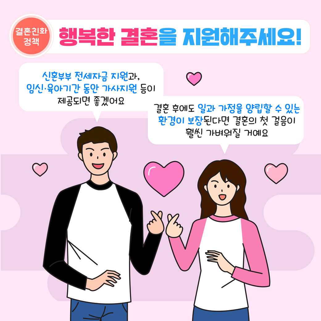 결혼친화 정책 행복한 결혼을 지원해주세요! 신혼부부 전세자금 지원과, 임신육아기간 동안 가사지원 등이 제공되면 좋겠어요 결혼 후에도 일과 가정을 양립할 수 있는 환경이 보장된다면 결혼의 첫 걸음이 훨씬 가벼워질 거예요