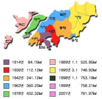 연도별 부산면적을 보여주는 이미지입니다.
1914년에는 84.15㎢, 1936년 112.12㎢,
1942년 241.12㎢, 1963년 360.25㎢,
1978년 432.32㎢, 1989년 1월 1일 525.95㎢
1995년 3월 1일 748.92㎢, 1998년 1월 1일 753.19㎢
1999년 758.21㎢ , 2001년 761.97㎢로 확장되었습니다.