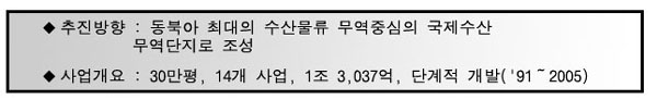 추진방향은 동북아 최대의 수산물류 무역중심의 국제수산무역단지로 조성하며
사업개요는 30만평, 14개 사업, 1조 3,037억으로 1991년부터 2005년까지 단계적으로 개발합니다.