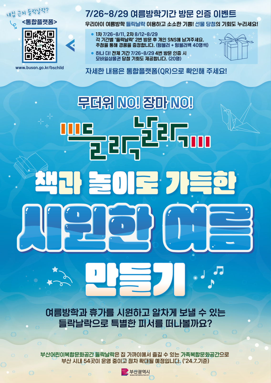 내 집 근처 들락날락? 통합플랫폼 www.busan.go.kr/bschild (qr코드 https://m.site.naver.com/1lXD5) 7/26~8/29 여름방학기간 방문인증 이벤트 우리아이 여름방학 들락날락 이용하고 소소한 기쁨! 선물 당첨의 기회도 누리세요! 1차 7/26 ~ 8/11, 2차 8/12~8/29 각 기간별 들락날락 2번 방문 후 개인 sns에 남겨주세요. 추첨을 통해 경품을 증정합니다. (텀블러+텀블러백 40명씩) 하나 더! 전체 기간 7/26~8/29 4번 방문 인증 시 모바일상품권 당첨 기회도 제공합니다.(20명) 자세한 내용은 통합플랫폼(QR)으로 확인해주세요! 무더위 NO! 장마 NO!들락날락 책과 놀이로 가득한 시원한 여름 만들기 여름방학과 휴가를 시원하고 알차게 보낼 수 있는 들락날락으로 특별한 피서를 떠나볼까요? 부산 어린이복합문화공간 들락날락은 집 가까이에서 즐길 수 있는 가족복합문화공간으로 부산 시내 54곳이 운영 중이고 점차 확대될 예정입니다. (24.7.기준) 부산광역시