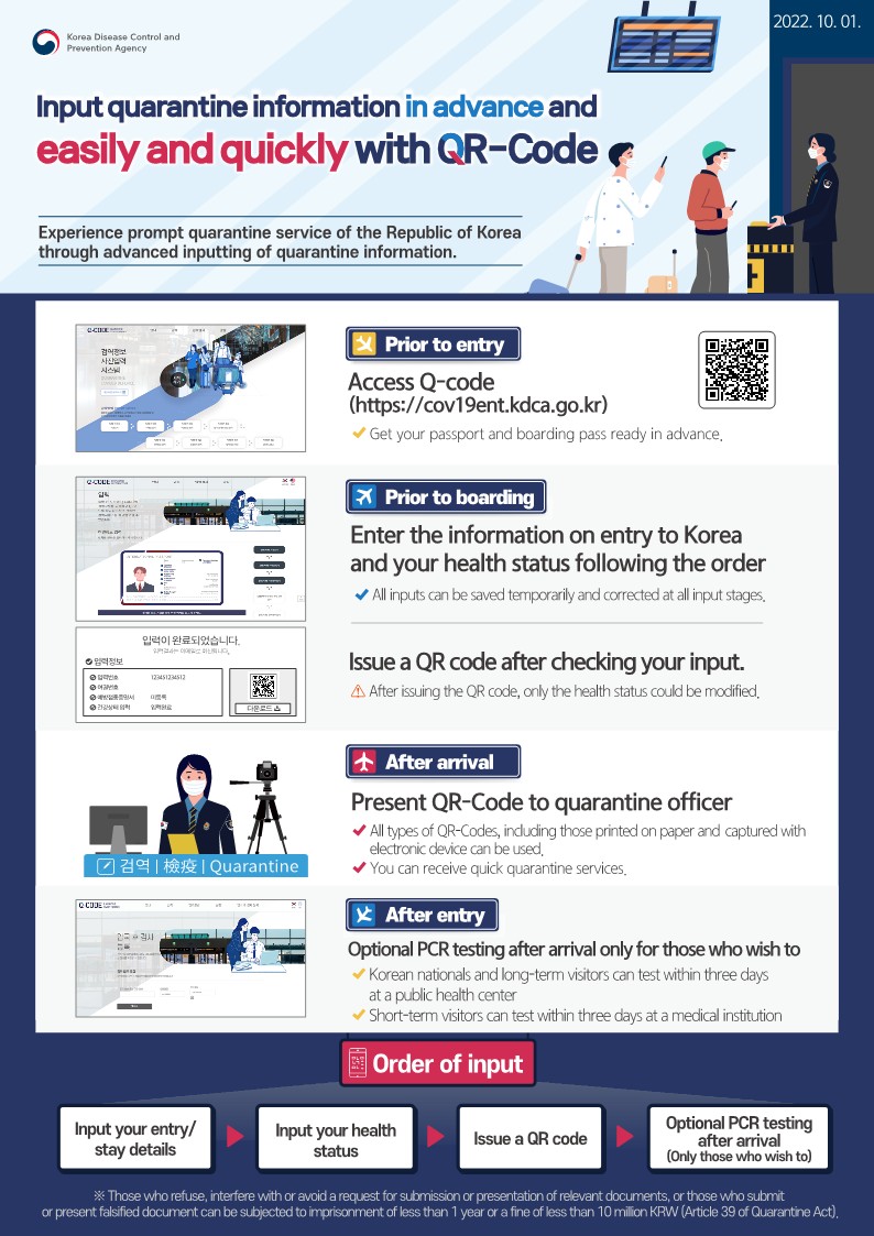 Korea Disease Control and Prevention Agency 2022.10.01 
Input quarantine information in advance and easily and quickly with QR-Code 
Experience prompt quarantine service of the Republic of Korea through advanced inputting 
of quarantine information 
Prior to entry 
Access Q-code (https://cov19ent.kdca.go.k) 
Get your passport and boarding pass ready in advance. 
Prior to boarding 
Enter the information on entry to Korea and your health status following the order
All inputs can be saved temporarily and corrected at all input stages. 
Issue a QR code after checking your input. 
After issuing the QR code, only the health status could be modified. 
After arrival 
Present QR-Code to quarantine officer 
All types of QR-codes, including those printed on paper and captured with electronic device 
can be used. 
You can receive quick quarantine services. 
After entry
Optional PCR testing after arrival only for those who wish to 
Korean nationals and long-term visitors can test within three days at a public health center
Short-term visitors can test within three days at a medical institution

Order of input 
Input your entry/stay details
Input your health status
Issue a QR code
Optional PCR testing after arrival (Only those who wish to) 

*Those who refuse, interfere with or avoid a request for submission or presentation of relevant 
documents, or those who submit or present falsified document can be subjected to imprisonment of 
less than 1 year or a fine of less than 10 million KRW (Article 39 of Quarantine Act). 