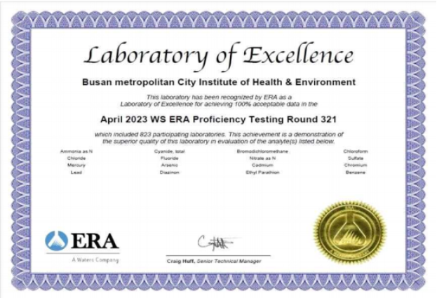 Laboratory of Excellence
Busan metropolitan city Institute of Health & Environment
April 2023 WS ERA Proficiency Testing Round 321 
ERA