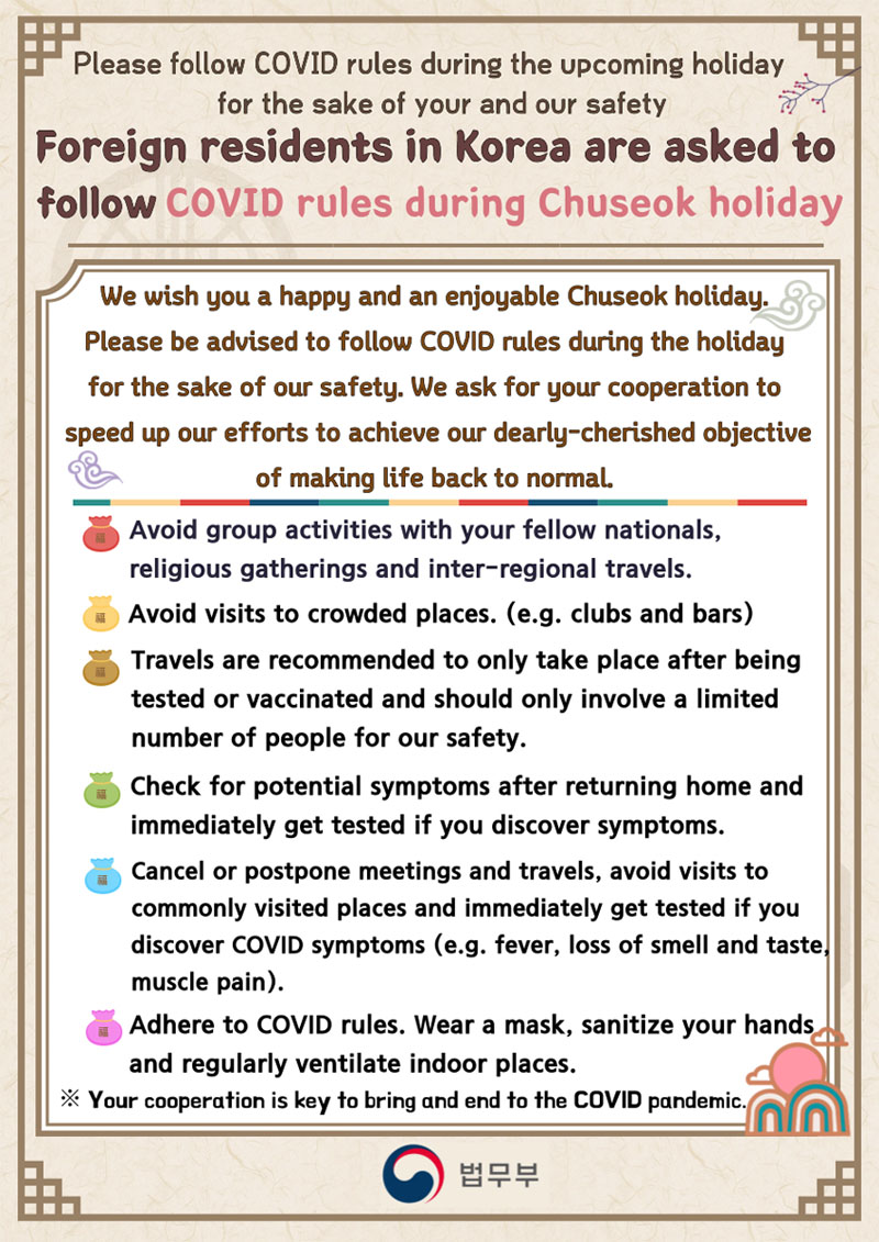Please follow COVID rules during the upcoming holiday for the sake of your and our safety 
Foreign residents in Korea are asked to follow COVID rules during Chuseok holiday 

• We wish you a happy and an enjoyable Chuseok holiday. 
Please be advised to follow COVID rules during the holiday for the sake of our safety. 
We ask for your cooperation to speed up our efforts to achieve our dearly-cherished objective of making life back to normal. 

Avoid group activities with your fellow nationals, religious gatherings and inter-regional travels. 
Avoid visits to crowded places. (e.g. clubs and bars) 
Travels are recommended to only take place after being tested or vaccinated and should only involve a limited number of people for our safety. 
Check for potential symptoms after returning home and immediately get tested if you discover symptoms. 
Cancel or postpone meetings and travels, avoid visits to commonly visited places and immediately get tested if you discover COVID symptoms (e.g. fever, loss of smell and taste. muscle pain). 
Adhere to COVID rules. Wear a mask, sanitize your hands, and regularly ventilate indoor places. 
Your cooperation is key to bring and end to the COVID pandemic. 
법무부 