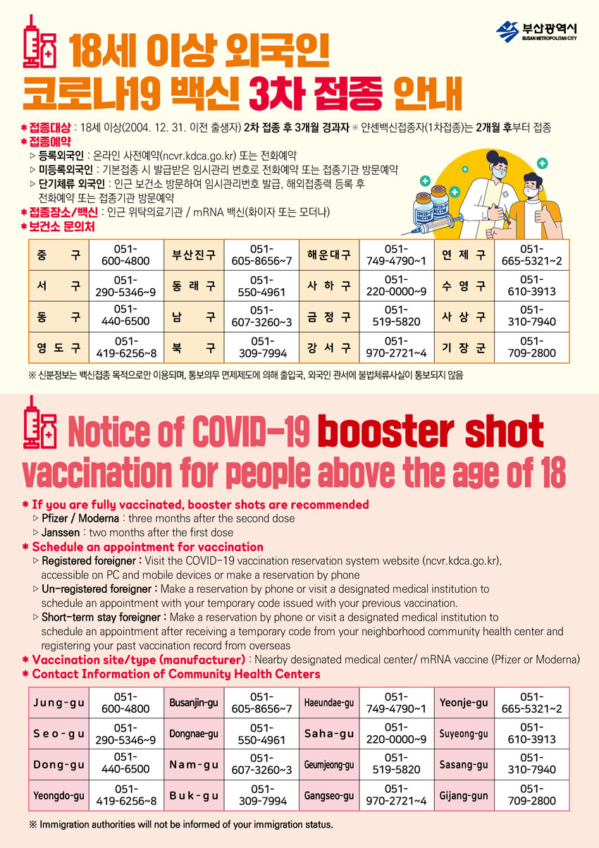 18세 이상 외국인 코로나19 백신 3차 접종 안내 Notice of COVID-19 booster shot vaccination for people above the age of 18