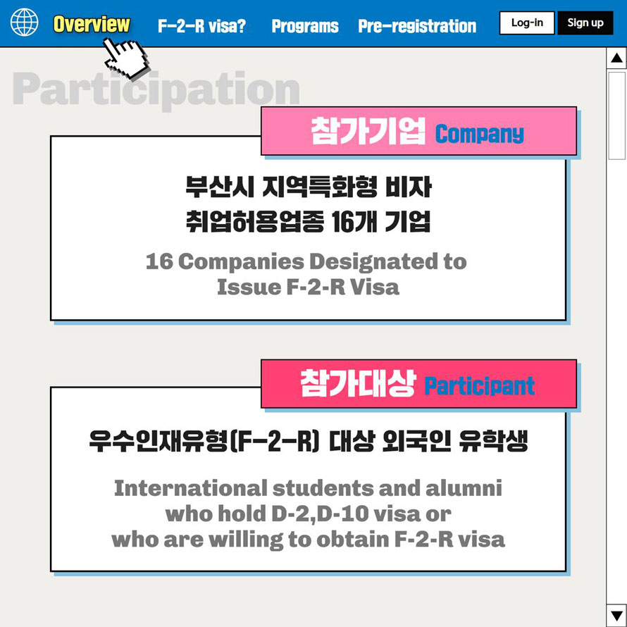 Overview F-2-R visa Programs Pre-registration Log-in Sign up Participation 참가기업 Company 부산시 지역특화형 비자 취업허용업종 16개 기업16 Companies Designated to Issue F-2-R Visa 참가대상 Participant우수인재유형(F-2-R)대상 외국인 유학생International students and alumni who hold D-2,D-10 visa or who are willing to obtain F-2-R visa 