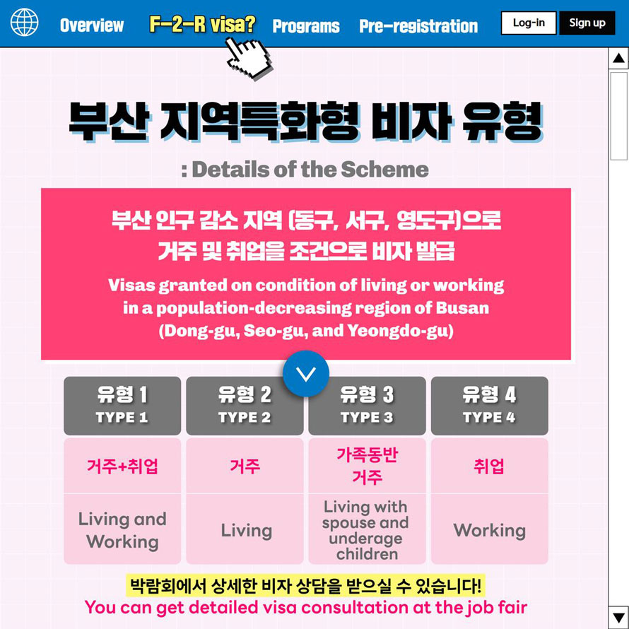 Overview F-2-R visa Programs Pre-registration Log-in Sign up 부산지역특화형 비자유형:Details of the scheme부산인구감소지역(동구, 서구, 영도구)으로 거주 및 취업을 조건으로 비자발급Visas granted on condition of living or working in a population-decreasing region of Busan (Dong-gu, Seo-gu, and Yeongdo-gu) 유형1 TYPE 1 거주+취업Living and Working 유형2 TYPE 2 거주Living 유형3 TYPE 3가족동반거주 Living with spouse and underage children 유형4 Type 4 취업Working 박람회에서 상세한 비자 상담을 받으실 수 있습니다!You can get detailed visa consultation at the job fair 