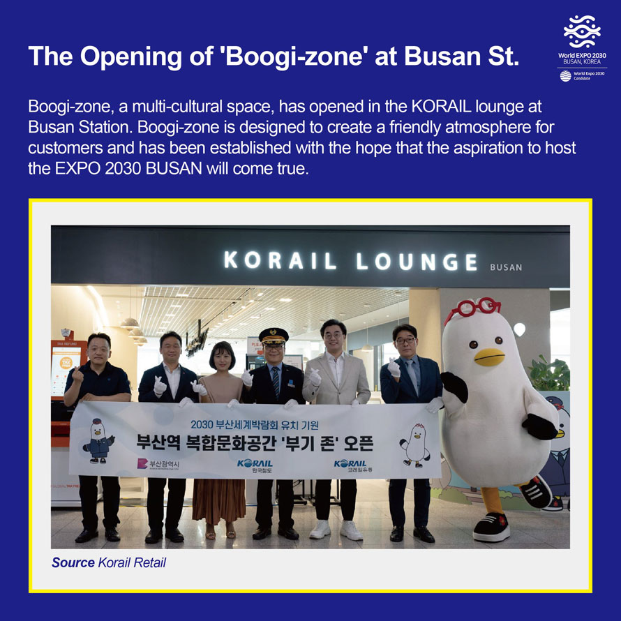 The Opening of  Boogi-zone  at Busan St. 
Boogi-zone, a multi-cultural space, has opened in the KORAIL lounge at Busan Station. Boogi-zone is designed to create a friendly atmosphere for customers and has been established with the hope that the aspiration to host the EXPO 2030 BUSAN will come true. 
KORAIL LOUNGE BUSAN
2030 부산세계박람회유치기원 부산역 복합문화공간  부기 존  오픈
Source Korail Retail