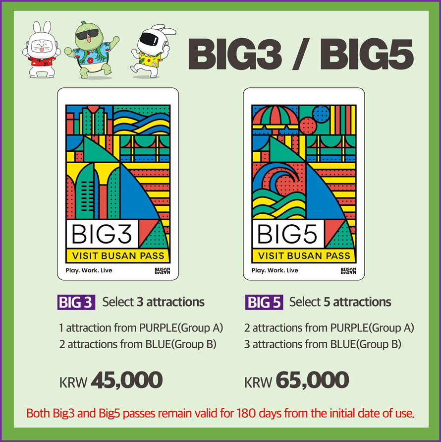 BIG3 / BIG5 
BIG3 Select 3 attractions 
1 attraction from PURPLE(Group A) 
2 attractions from BLUE(Group B)
KRW 45,000 

BIG 5  Select 5 attractions 
2 attractions from PURPLE(Group A) 
3 attractions from BLUE(Group B) 
KRW 65,000 
Both Big3 and Big5 passes remain valid for 180 days from the initial date of use. 
