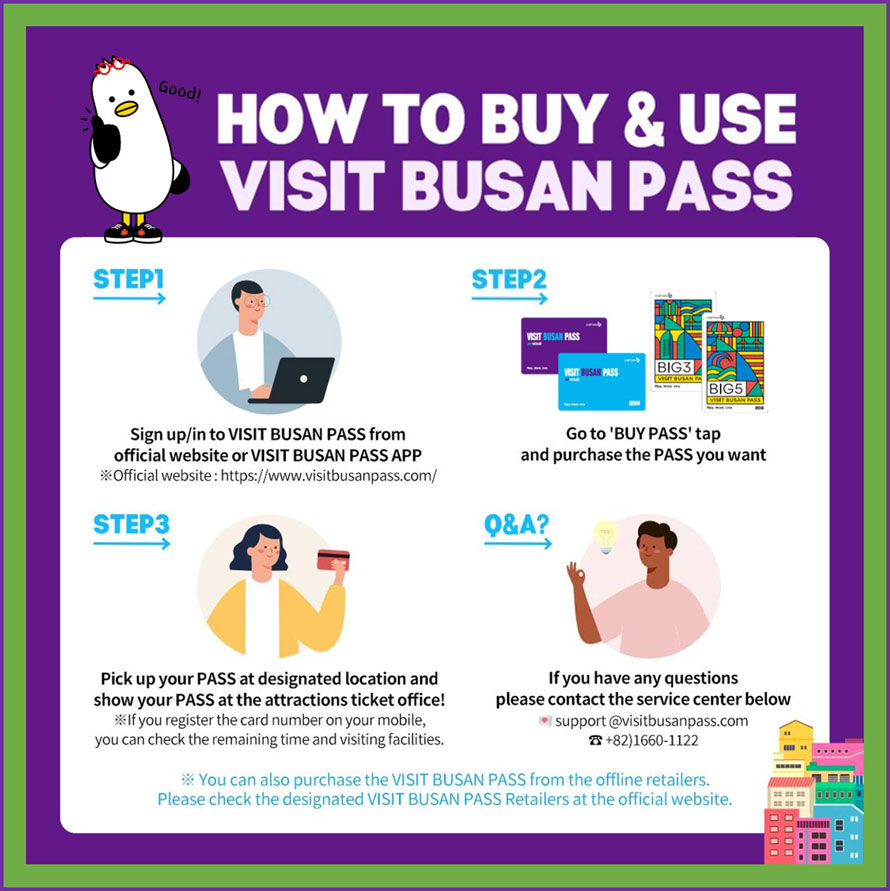 HOW TO BUY & USE VISIT BUSAN PASS 
STEP1 
Sign up/in to VISIT BUSAN PASS from official website or VISIT BUSAN PASS APP 
* Official website: https://www.visitbusanpass.com/ 

STEP2 
Go to  BUY PASS  tap and purchase the PASS you want 

STEP3 
Pick up your PASS at designated location and show your PASS at the attractions ticket office! 
*If you register the card number on your mobile, you can check the remaining time and visiting facilities. 

Q&A?  
If you have any questions please contact the service center below 
* support @visitbusanpass.com  +82)1660-1122 
You can also purchase the VISIT BUSAN PASS from the offline retailers. Please check the designated VISIT BUSAN PASS Retailers at the official website. 