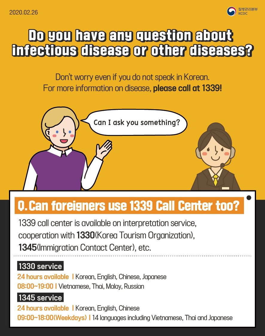 Do you have any question about infectious disease or other diseases?
	Don’t worry even if you do not speak in Korean
	For more information on disease, please call at 1339
	
	Can I ask you something?
	Q. Can foreigners use 1339 call center too?
	1339 call center is available on interpretation service, cooperation with
	1330(Korea Tourism Organization), 1345(Immigration Contact Center), etc.
	
	1330 service
	24 hours available : Korean, English, Chinese, Japanese
	08:00-19:00: Vietnamese, Thai, Malay, Russian
	1345 service
	24 hours available: Korean, English, Chinese
	09:00-18:00 (Weekdays): 14 languages including Vietnamese, Thai and Japanese 