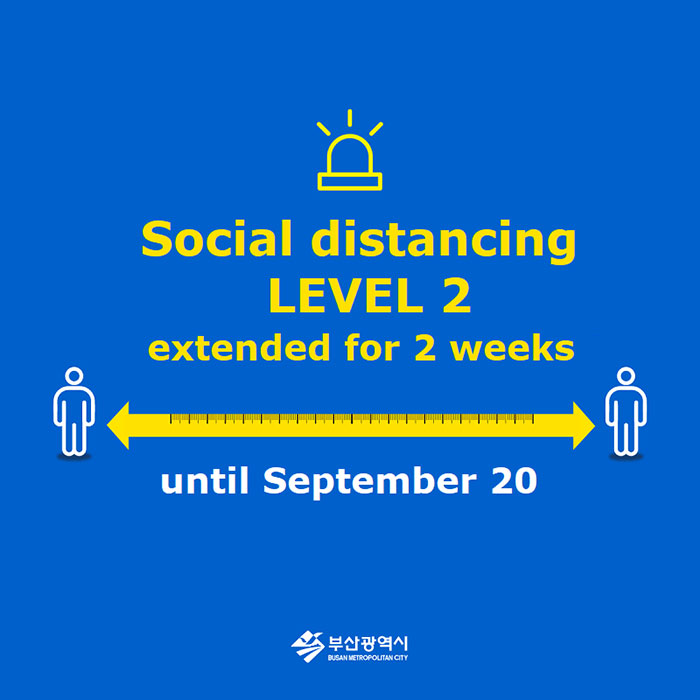 Social distancing LEVEL 2 extended for 2 weeks
until September 20
부산광역시 Busan Metropolitan City 