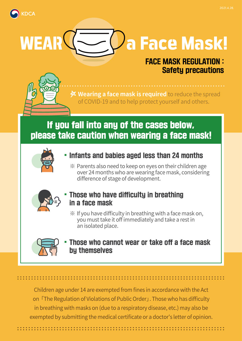KDCA 2021.4.28.
WEAR a Face Mask!
FACE MASK REGULATION : Safety precautions
Wearing a face mask is required to reduce the spread of COVID-19 and to help protect yourself and others.
If you fall into any of the cases below, please take caution when wearing a face mask!
Infants and babies aged less than 24 months
※ Parents also need to keep on eyes on their children age over 24 months who are wearing face mask, considering
difference of stage of development.
Those who have difficulty in breathing in a face mask
※ If you have difficulty in breathing with a face mask on, you must take it off immediately and take a rest in
an isolated place.
Those who cannot wear or take off a face mask by themselves
Children age under 14 are exempted from fines in accordance with the Act
on「 The Regulation of Violations of Public Order」. Those who has difficulty
in breathing with masks on (due to a respiratory disease, etc.) may also be
exempted by submitting the medical certificate or a doctor s letter of opinion.