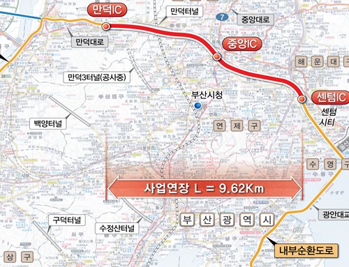 지도 내용 : 만덕IC - 중앙IC - 센텀IC 사업연장 L = 9.62Km
  부산 내부순환도로 만덕IC에서 센텀IC까지 사업연장
  연장 길이: 9.62Km