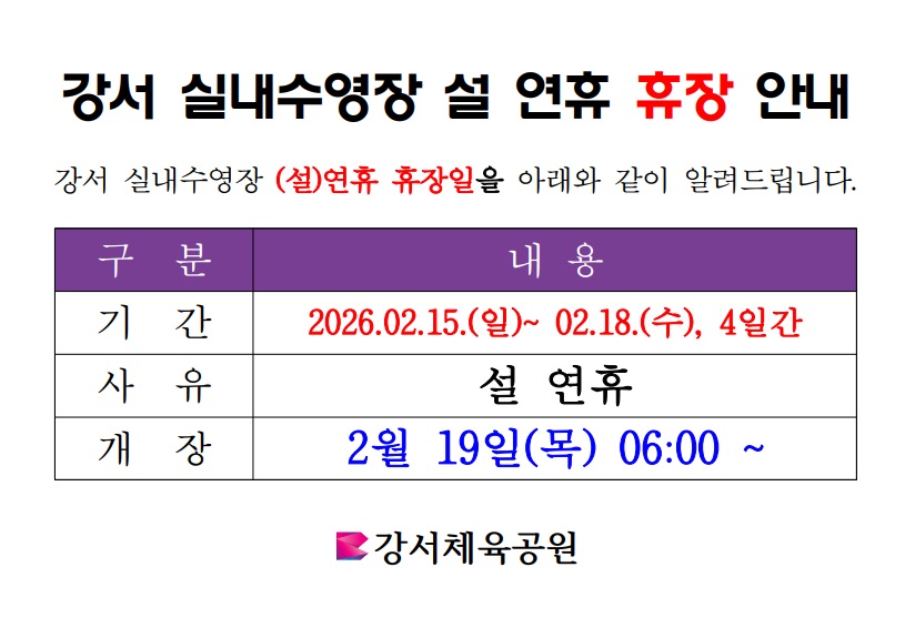 강서 실내수영장 설 연휴 휴장 안내 강서 실내수영장 (설)연휴 휴장일을 아래와 같이 알려드립니다. 기간 : 2026.02.15(일)~02.18.(수), 4일간 사유 : 설 연휴 개장 : 2월 19일(목) 06:00~