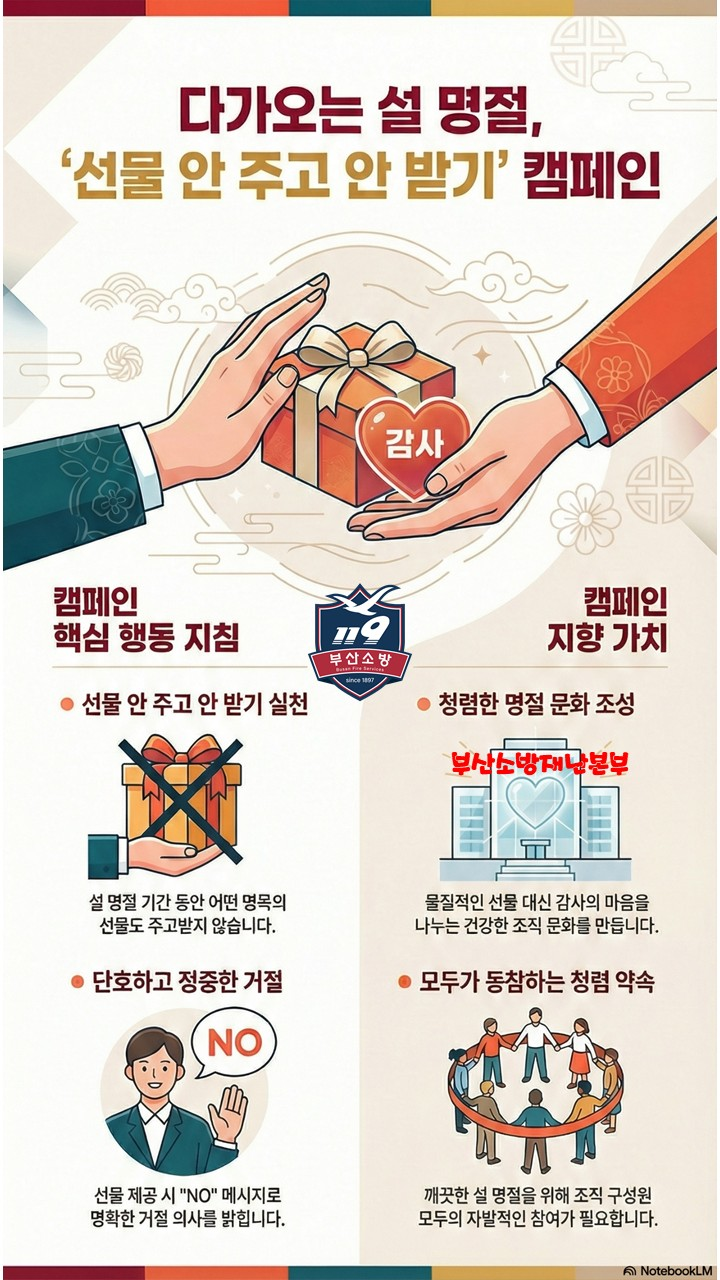 다가오는 설 명절, ‘선물 안 주고 안 받기’ 캠페인
캠페인 핵심 행동 지침
선물 안 주고 안 받기 실천: 설 명절 기간 동안 어떤 명목의 선물도 주고받지 않습니다.
단호하고 정중한 거절: 선물 제공 시 'NO' 메시지로 명확한 거절 의사를 밝힙니다.
캠페인 지향 가치
청렴한 명절 문화 조성: 물질적인 선물 대신 감사의 마음을 나누는 건강한 조직 문화를 만듭니다.
모두가 동참하는 청렴 약속: 깨끗한 설 명절을 위해 조직 구성원 모두의 자발적인 참여가 필요합니다.
부산소방재난본부