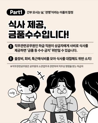 Part 1 간부 모시는 날, '관행'이라는 이름의 함정

식사 제공, 금품수수입니다!

직무관련공무원인 하급 직원이 상급자에게 사비로 식사를 제공하면 ‘금품 등 수수 금지’ 위반일 수 있습니다.

출장비, 회비, 특근매식비를 모아 식사를 대접해도 위반 소지!

※직무관련공무원은 공무원의 소관업무와 관련하여 직무상 명령을 받는 하급자