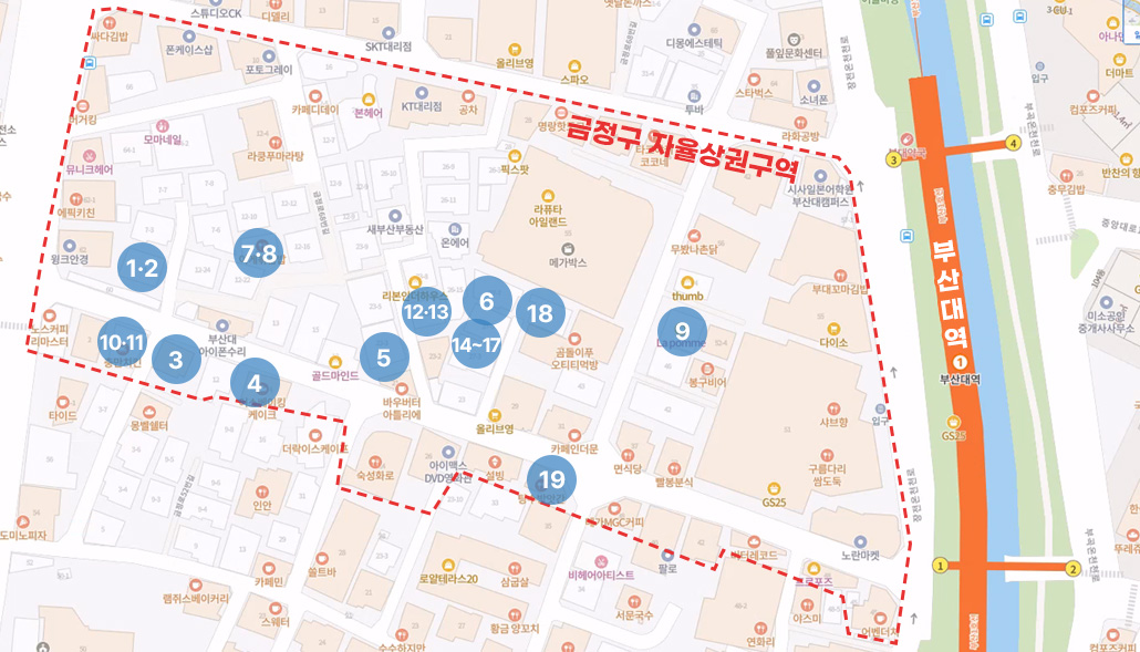 부산대 자율상권 (19개소) 에 대한 지도