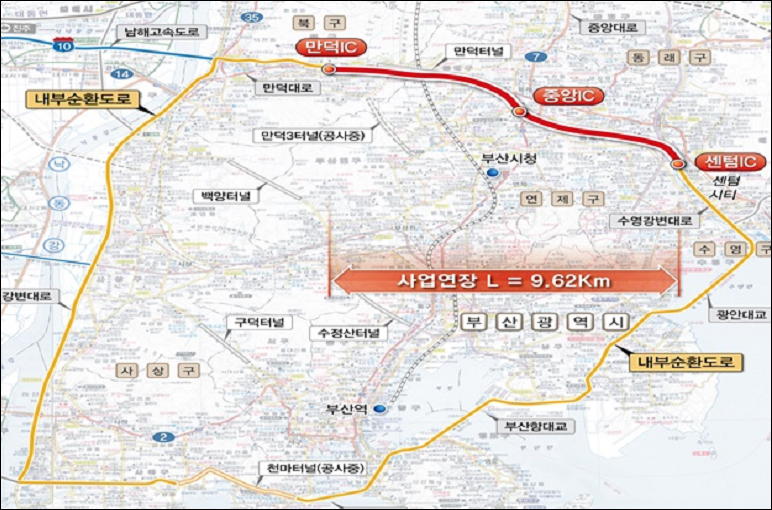 내부순환(만덕~센텀) 도시고속화도로건설 위치도(만덕IC, 중앙IC, 센텀IC 사업연장 L=9.62km)
