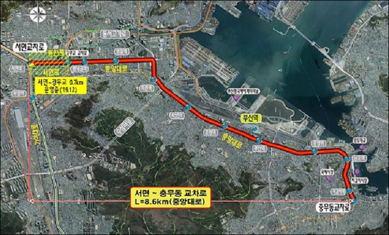 서면 ~ 충무동 교차로 L=8.6km(중앙대로) BRT 구축 위치도