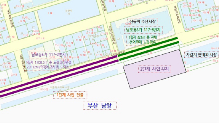 자갈치 수산명소화 조성사업 위치도(부산남항, 1단계 사업건물, 신동아 수산시장 앞 2단계 사업부지, 자갈치 현대화 시장)