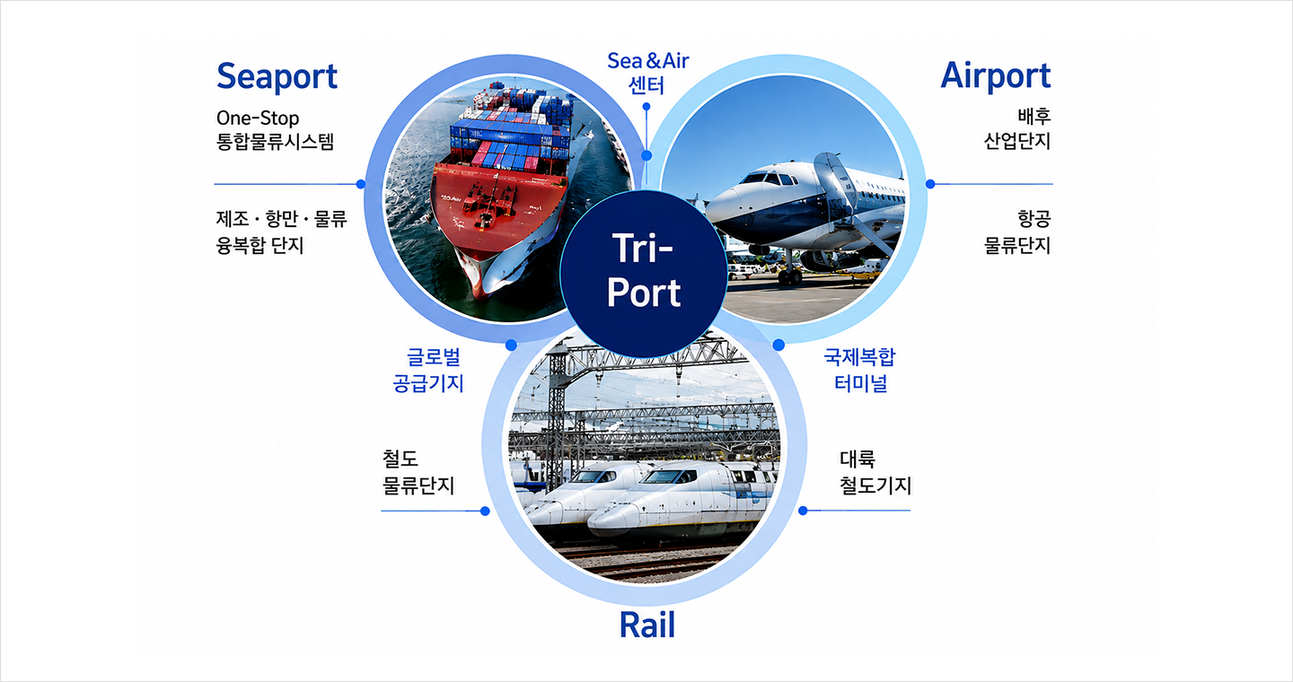 
      Tri-Port  
      - Seaport : One-Stop 통합물류시스템, 제조·항만·물류 융복합 단지
      - Airport : 배후 산업단지, 항공 물류단지
      - Rail : 대륙 철도기지, 철도 물류단지
      글로벌 공급기지, Sea&Air 센터, 국제복합터미널