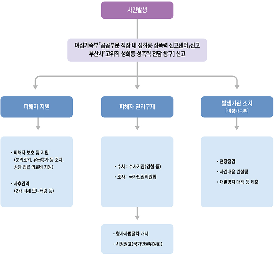 사건발생 → 여성가족부「공공부문 직장 내 성희롱·성폭력 신고센터」신고, 부산시「고위직 성희롱·성폭력 전담 창구」신고  → 
            피해자 지원, 피해자 권리구제, 발생기관 조치[여성가족부]
            피해자 지원 →  · 피해자보호 및 지원 (분리조치·유급휴가 등 조치,  상담·법률·의료비지원) · 사후관리 (2차 피해 모니터링 등)
            피해자 권리구제 → · 수사 : 수사기관(경찰 등) · 조사 : 국가인권위원회 → · 형사사법절차 개시 · 시정권고(국가인권위원회)
            발생기관 조치[여성가족부] → · 현장점검 · 사건대응 컨설팅 · 재발방지 대책 등 제출