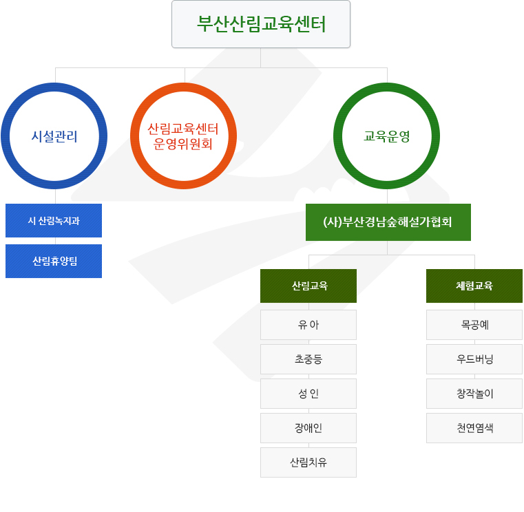 부산산림교육센터 조직도. 시설관리- 시 산림생태과, 산림휴양팀 / 산림교육센터 운영위원회 / 교육운영- (사)부산경남숲해설가협회- 산림교육(유아, 초중등, 성인, 장애인, 산림치유), 체험교육(목공예, 우드버닝, 창작놀이, 천연염색)