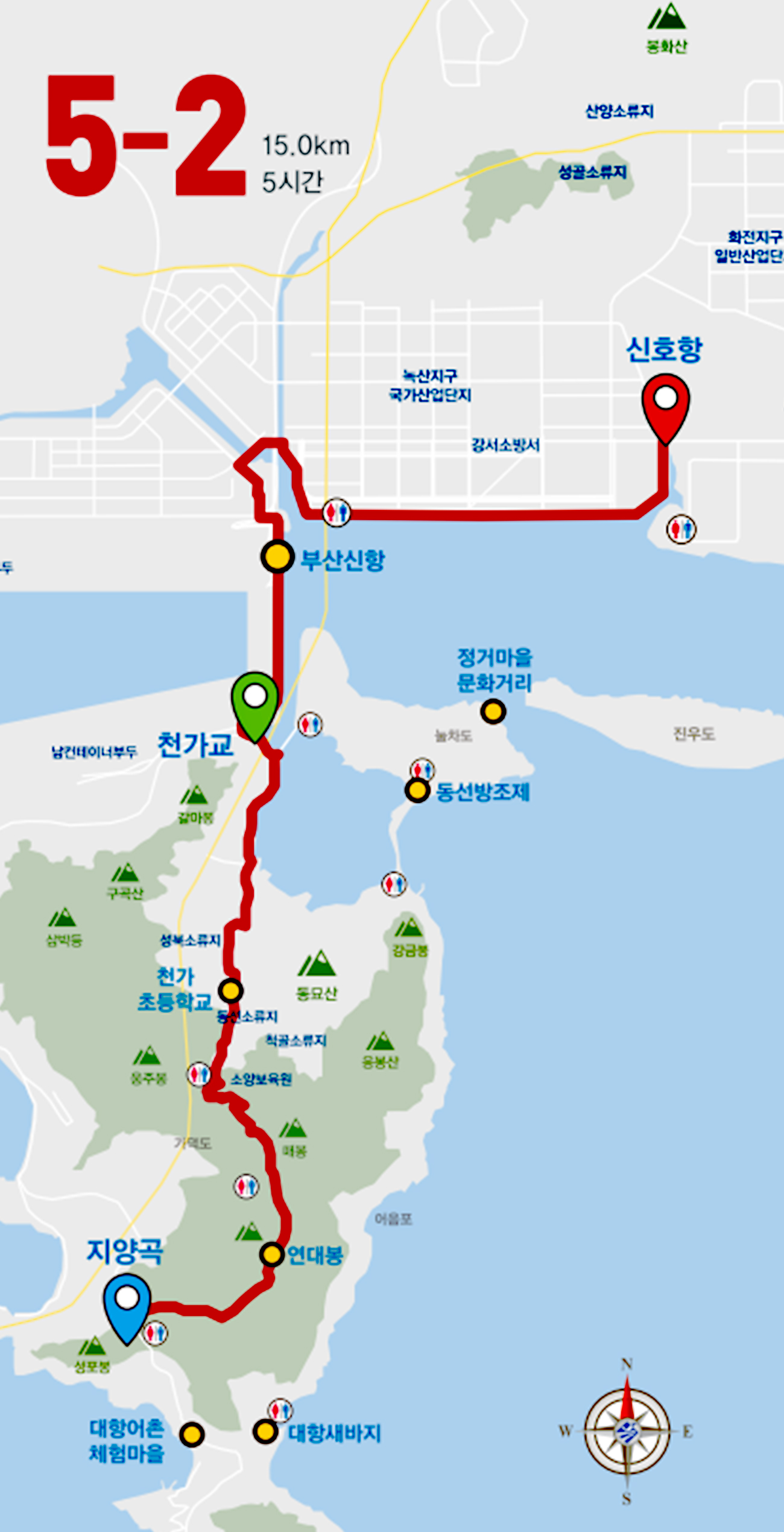 5-2코스 전체이미지 시작점:신호항(건설안전시험사업소 서부산지소 앞) 종점:지양곡 안내소 옆