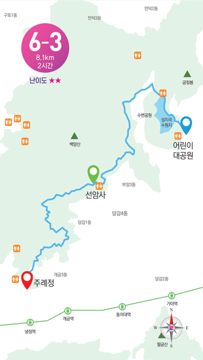 6-3코스전체 이미지 시작점:주례정 종점:어린이대공원 