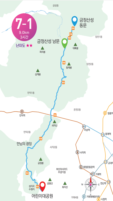 7-1코스전체 이미지 시작점:금정산성 동문 중간인증대:금정산성 남문 종점:어린이대공원(학생회관 옆)