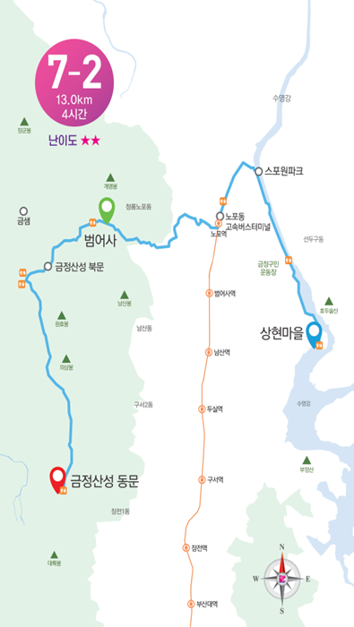 7-2코스전체 이미지 시작점:상현마을 중간인증대:범어사(버스정류장 위) 종점:금정산성 동문