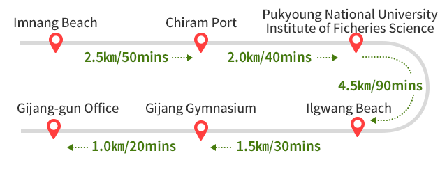 
        Imnang Beach~Chiram Port 2.5㎞/50mins-> 
        Chiram Port~Pukyong National University Institute of Fisheries
        Science 2.0㎞/40mins ->
        ~Pukyong National University Institute of Fisheries
        Science~Ilgwang Beach 4.5㎞/90mins ->
        Ilgwang Beach~Gijang 1.5㎞/30mins  ->
        Gijang-gun Office 1.0㎞/20mins